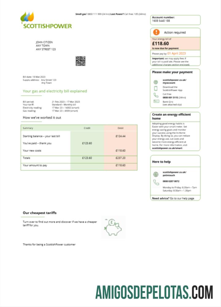imprimível Reino Unido Scottish Power Utility Bill Word e PDF Template Scr